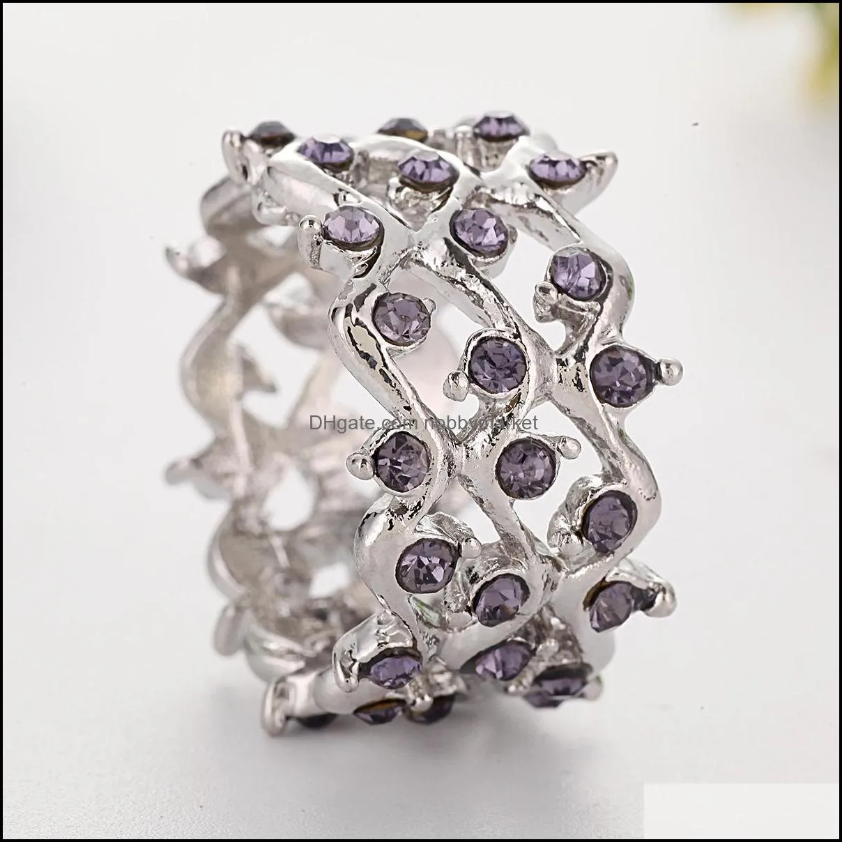 New Design Infinity Intertwined Cross Purple CZ Stone Ring Special-interest Hollow Wave Shape Vine Women Finger Wide Band Ring