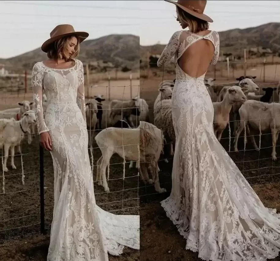 Robes de mariée sirène gothiques modernes à manches longues 2022 Appliques en dentelle Scoop Neck Illusion Dos nu Boho Robes de mariée Robes de Mariee