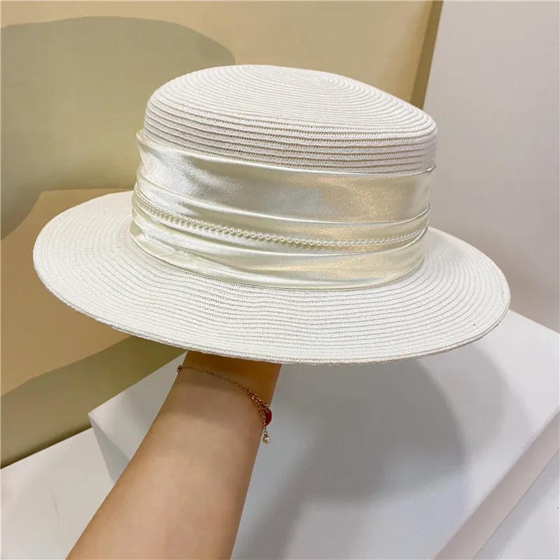 Grass Braid Women Beach Caps Wide Brim Silk Ribbon Hats Pearls Designers Lady Sun Cap Elegant UV Hat