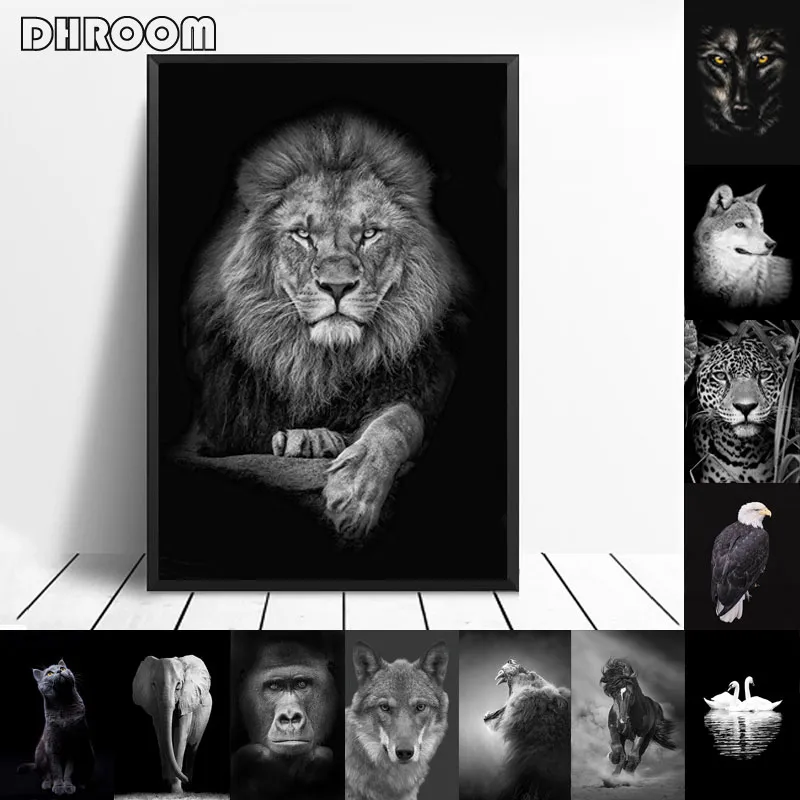 Djurens duk målar väggkonst lejon elefant häst affischer och tryck väggbilder för vardagsrum dekoration heminredning