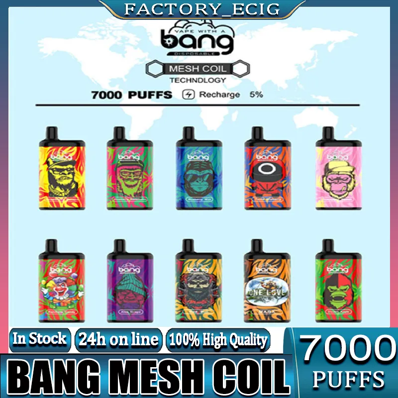 100% d'original Bang Mesh Coil 7000 Puffs Barres jetables E Cigarettes Vape Pen 15 ML PODS PODS CARTRIDE 850MAH BATTERIE RECHARGable
