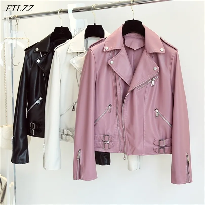 FTLZZ Printemps Automne Locomotive Style Faux Veste En Cuir Femmes Revers Doux En Cuir PU Manteau Court Biker Zipper Outwear Femme Chic 220815