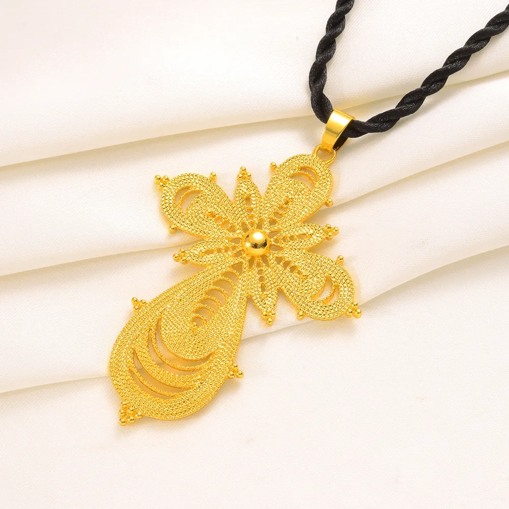 Ethiopian Big Coin Cross Pendant Necklace - Women's 24K Gold Plated Jewelry Gift - View #4