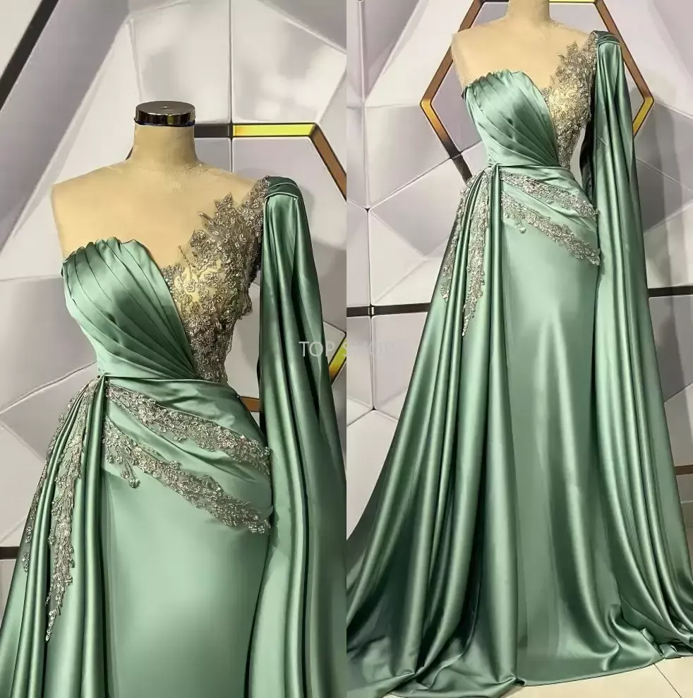 Trendy Dark Green Off-the-Shoulder Long Sleeve Satin Applique Mermaid Evening Gown JTE913