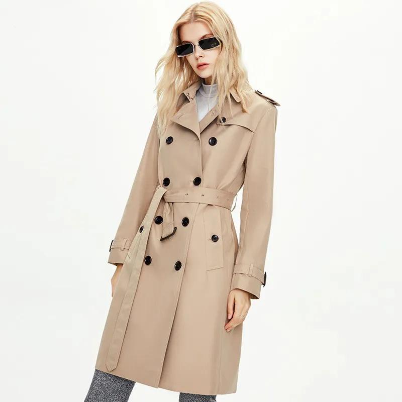 CLASSIC Womens Trenchcoats mode England mellanlånga trenchcoats design dubbelknäppt trenchcoat/bomullstyg Svart Khaki Märke JAZZEAR Topp S-XXXL