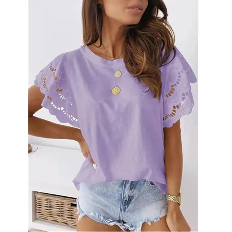 Women's T-Shirt 2022 European Beauty Sexy Solid Color Round Neck Stitching Lace Flying Short-sleeved Top