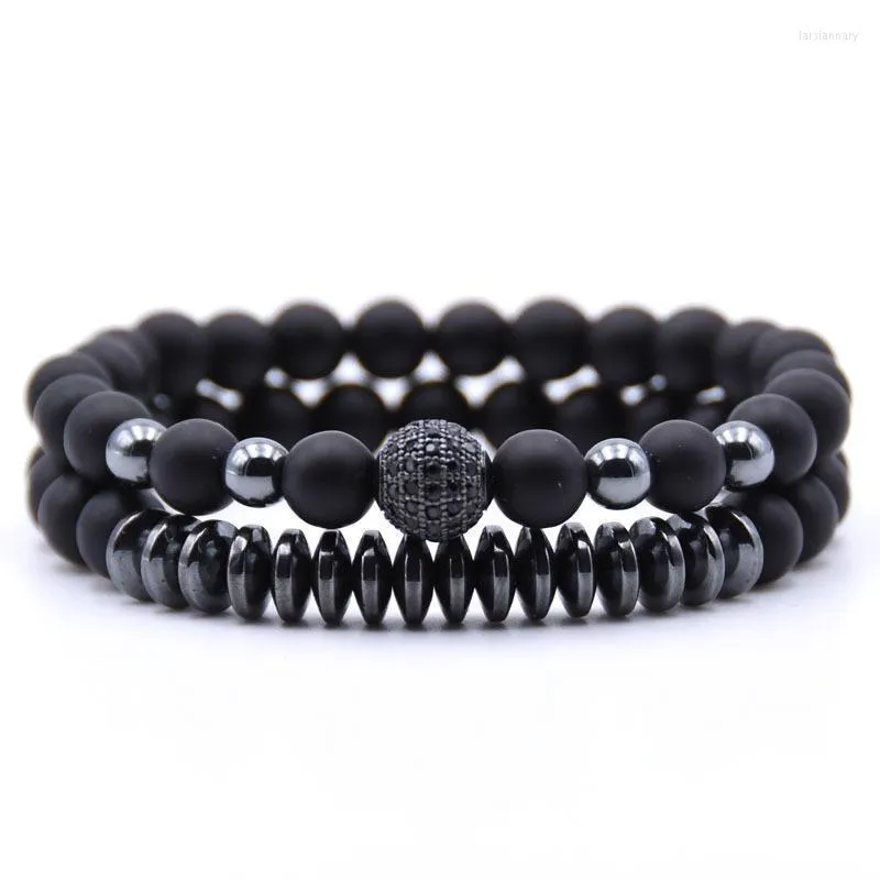 Brins de perles 2 pièces rétro micro-incrusté de boule de zircon noir pierre biliaire bracelet en pierre givrée ensemble pour hommes et femmes bijoux cadeau Lars22