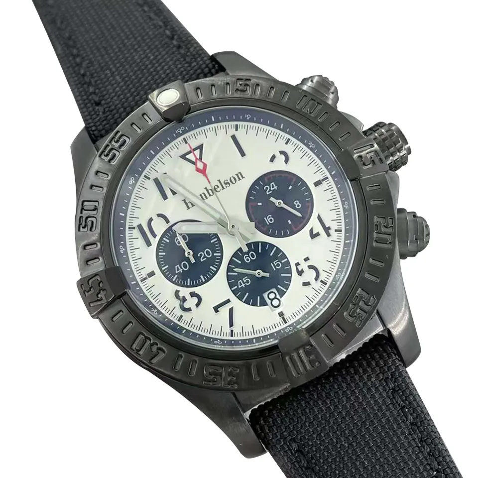 Horloge Hurricane Mens wit gezicht zwarte nylon band VK quartz uurwerk chronograaf zwaar satijnloos staal ontwerper mannelijk polshorloge mm