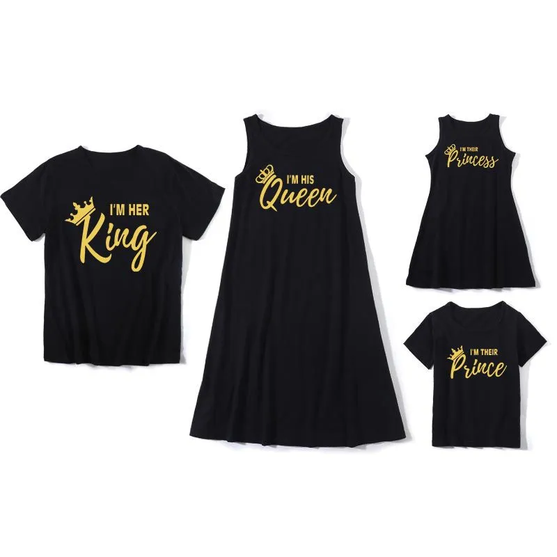 Vestidos de filho para crianças camisetas de manga curta vestido rei rei rainha príncipe princesa letra de ouro moda dos pais criança roupas pretas conjunto 20sc e3