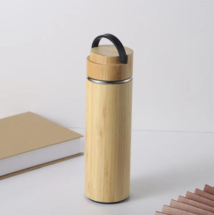 Creative bamboo water bottle vacuum insulated stainless steel cup with lid Tea strainer wooden Straight cup