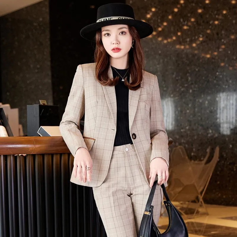 Kvinnors tvådelade byxor S-4XL High-End Women Business Suit Two-Piece Set 2022 Spring and Autumn Fashion Plaid Jacket Blazer Casual Elegant T