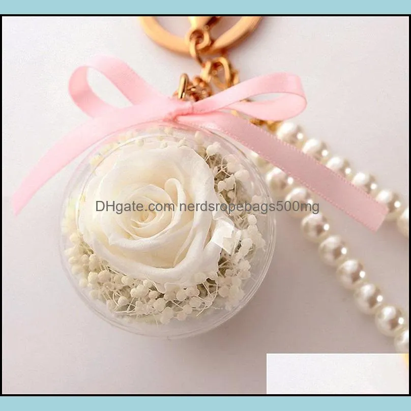 Preserved Rose Flower In Acrylic Ball Key Chain Immortal Flower Tassel Romantic Gift Valentine`s Day Birthday1 1386 T2