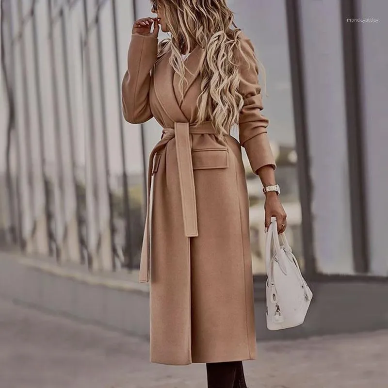 Dameswol Blends Fashion Herfst Winter Solid Long Coats Vintage Turn-Collar Sleeve Pocket Cardigan Casual Office Lady Bandage Overjassen