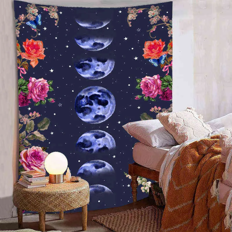 Boho Fleurs Mandala Tenture Murale Tapisseries Lune Ciel Étoilé Bohême Psychédélique Tapis Dortoir Headend Ferme Décor Mur Rideau J220804