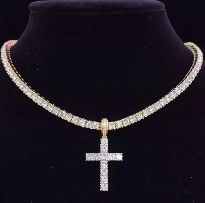 Colliers pendentifs hommes femmes Hip Hop collier croix avec chaîne de tennis en zircon de 4 mm glacé Bg HipHop bijoux cadeau de mode_voghion.com
