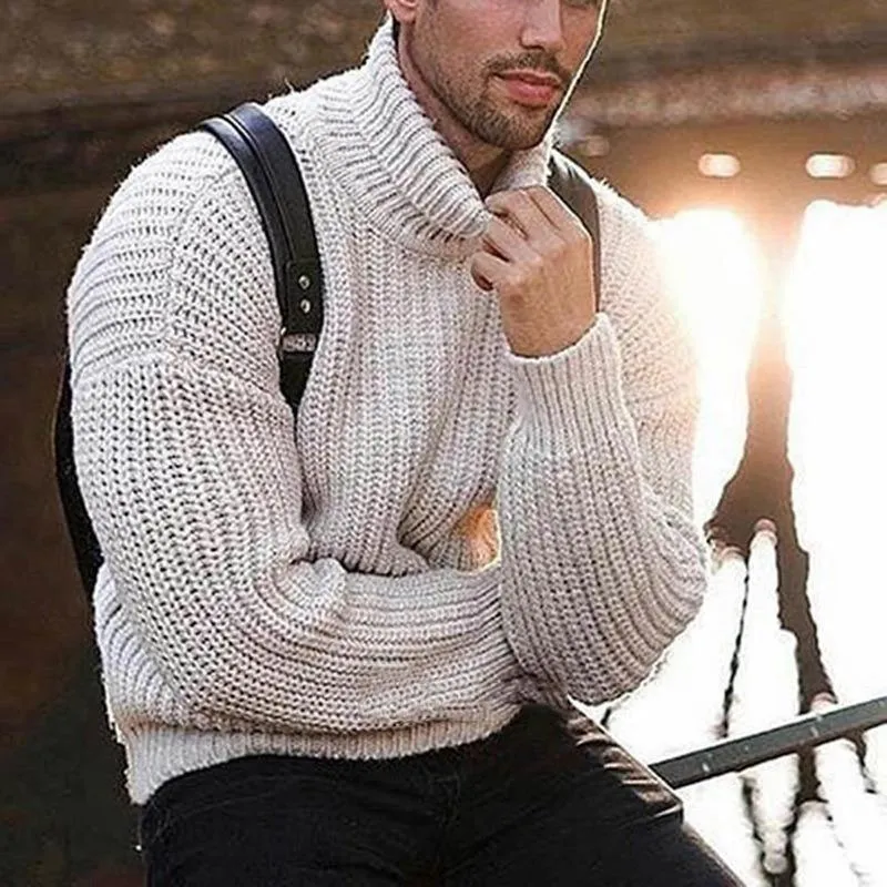 Sudaderas con capucha para hombre, moda Otoño Invierno, suéter de cuello alto ajustado de Color sólido para hombre, traje de manga larga, chaqueta de punto para hombre