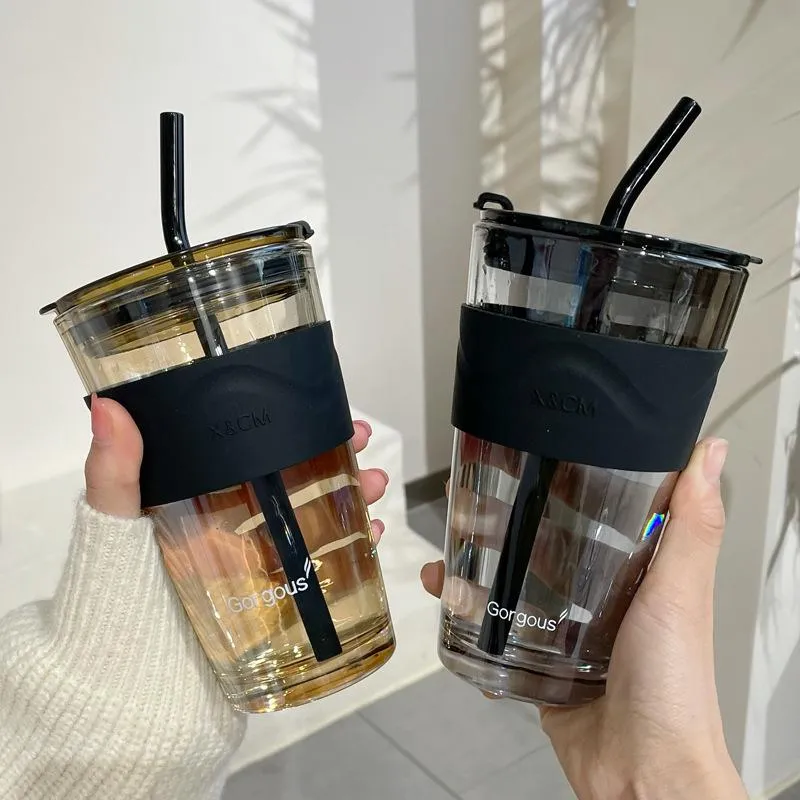 Tasses Eworld 450ml Café Verre Résistant À La Chaleur Tasse Vin Portable Scellé Bouteille D'eau Avec Paille Lait Thé Voyage Tasse GiftMugs