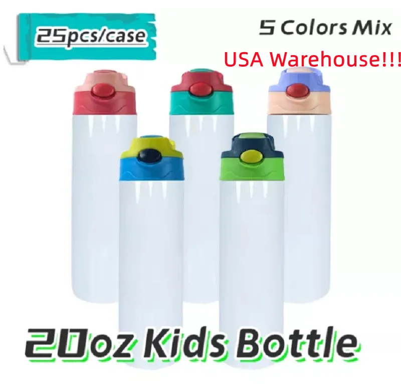 USA Warehouse!!! 20oz Sublimation STRAIGHT Kids Water Bottle Sippy Cups with flip on the top Stainless Steel Baby Bottle Feeding Nursing Bottle Local Warehouse