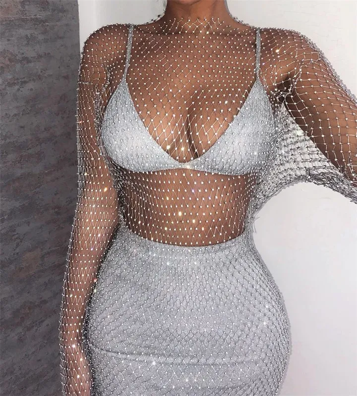 DIRTYLILY Crystal Diamond Sexy Bodycon Dress Women Hollow Out Long Sleeve Mini Dress Summer See Through Party Dress 220615