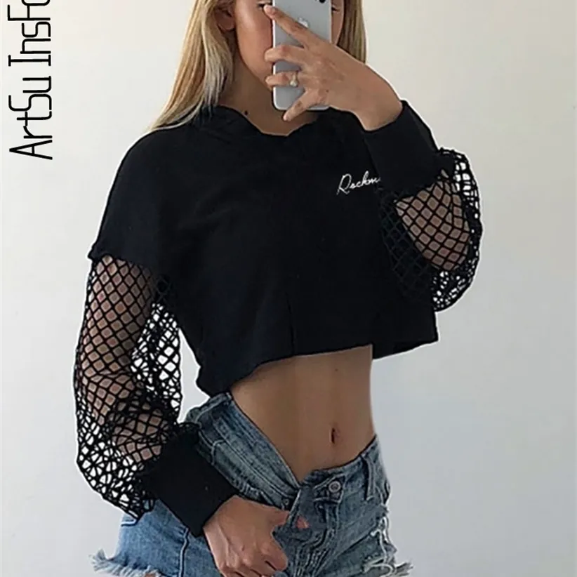 Black Cropped Sweatshirt Long Sleeve Top Women Hoodies Hooded Streetwear Kpop Harajuku Hoodie Crop Tops Mesh Hoody Clothes 220324