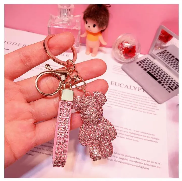 Party Favor Key Ring PVC Keychain DIY Craft Cartoon Bear Handmade Rhinestone Crystal Key Chains Charm Pendant Keychains For Women Gifts SN4873