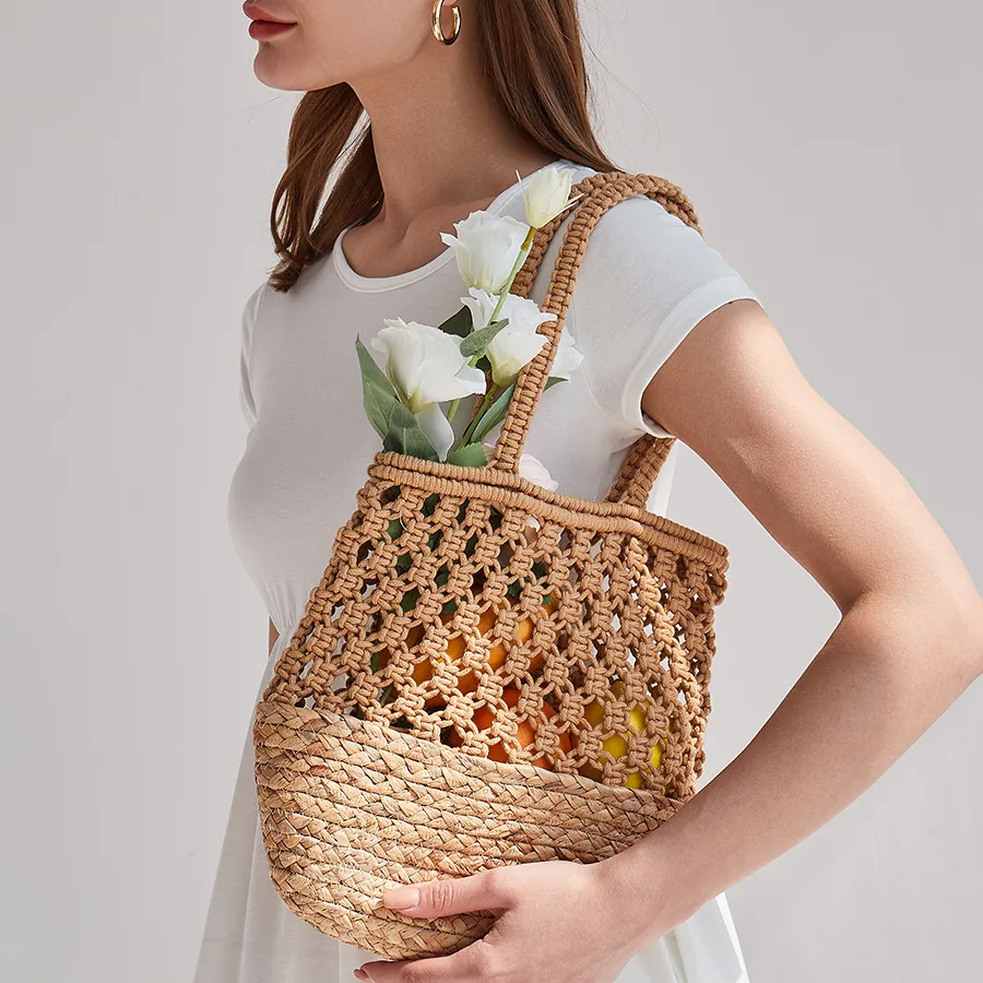 Hurtowe duże pojemność puste torby zakupowe moda torba na ramię nadmorski wakacyjny koszyk warzywny torba z siatki wiosna i lato