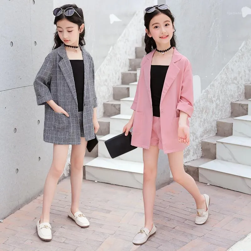 Zomer Tiener Meisjes Kleding Set Plaid Blazer Jassen + Shorts + Sling Kinderen 3 stks Uniform Kleding Past Girl Outfits