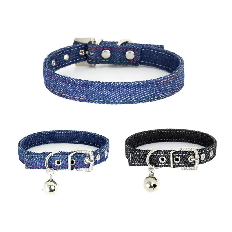 Dog Collars & Leashes European Design Denim Dogs Collar Zircon Buckle Ring Bell Adjustable Pet Neck Accessories Arrival Classic Products