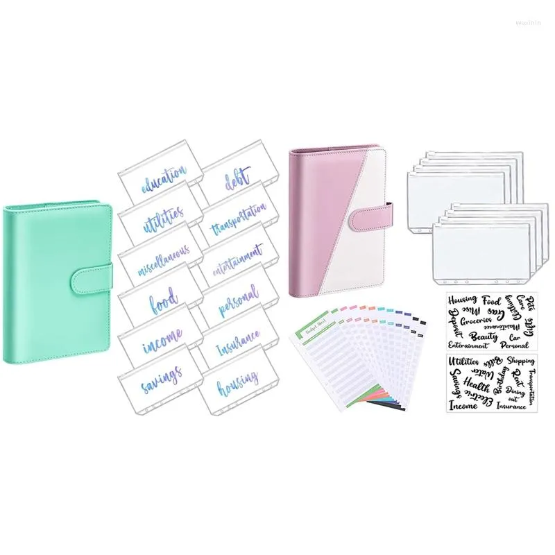 Gift Wrap 2 Set PU Leather Notebook Binder Budget Planning Notepad Transparent Material Is Clear Green & Pink