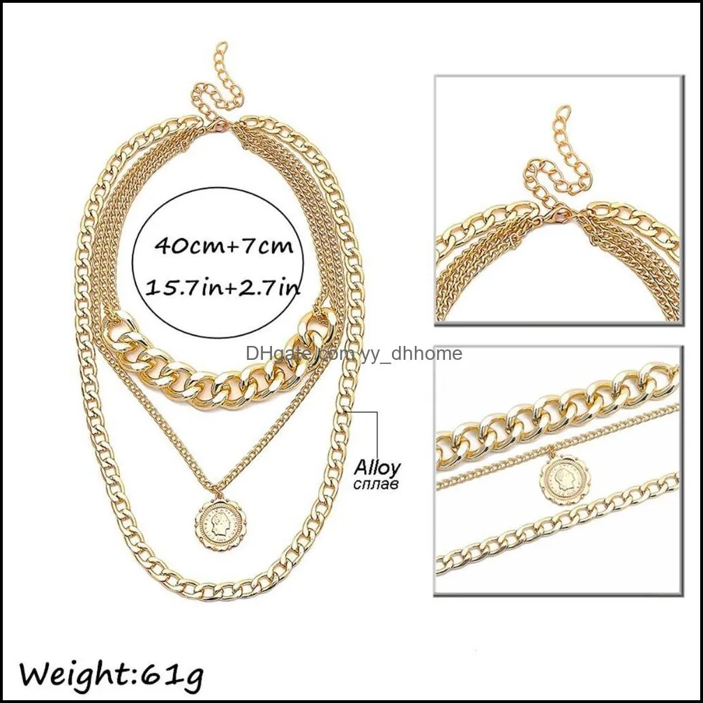 Hip Hop Hyperbole Multi Layer Thick Curb Cuban Link Chain Portrait Pendant Choker Necklace Women Fashion Jewelry