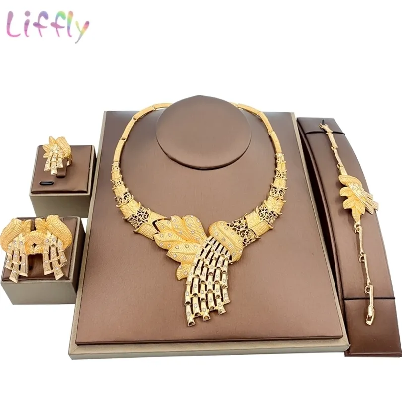 Set di gioielli di moda nigeriani Collana a forma di foglia Bracciale in oro Donna Dubai Set di gioielli Orecchini da sposa Anello di cristallo da sposa 201222