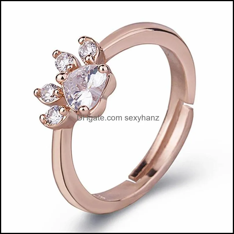 women 925 sterling silver rose gold color finger band rings natural cat paw crystal cute cubic zirconia jewelry
