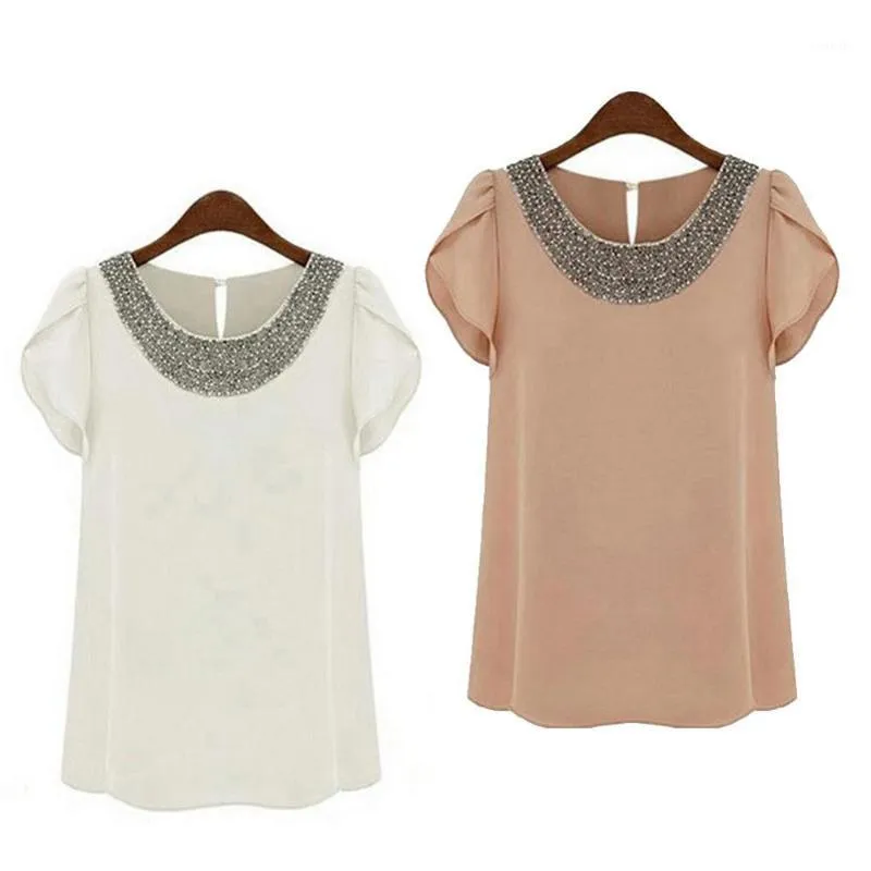 Solta camisa feminina adornada com grânulos brilhantes Chain camisas Lotus Folha Manga Chiffon Blusa 2 Cores Blusas