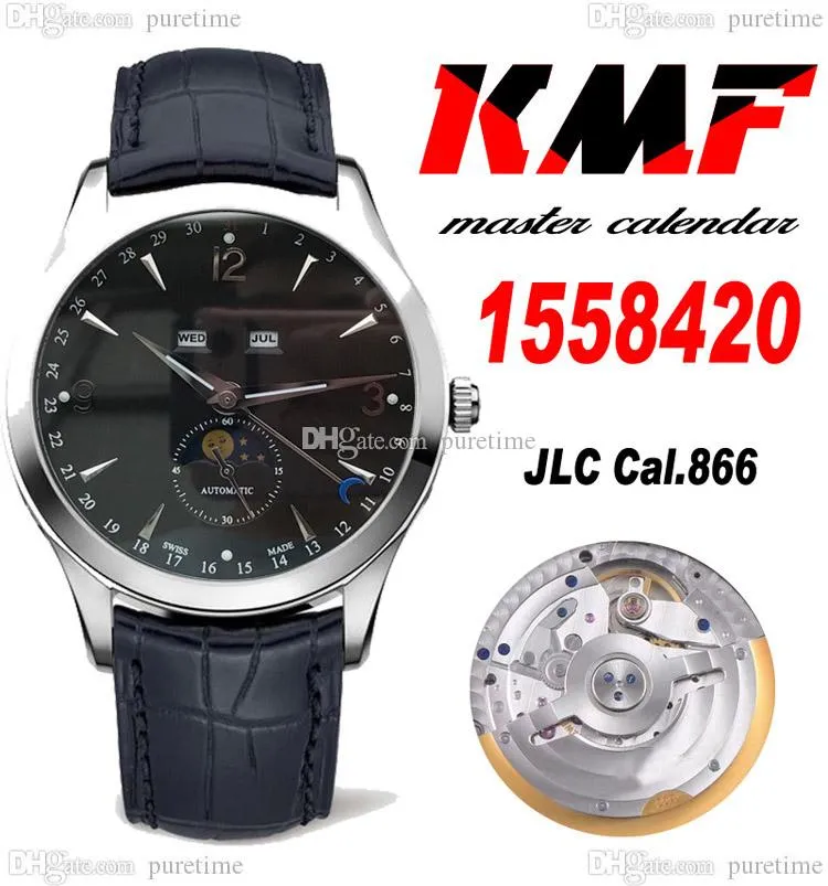 Calendário mestre KMF 1558420 A866 Automático Relógio de aço Dial Black Strick Markers Strap Strap Super Eiditon PureTime A01