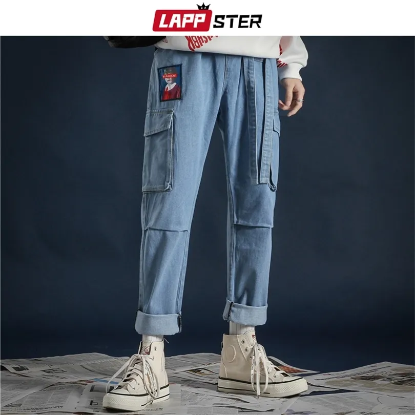 LAPPSTER Fashoins coreano Streetwear Jeans Pantaloni 2020 Nastri Harajuku Jeans larghi Coppia di tasche di alta qualità Pantaloni denim blu CX200815