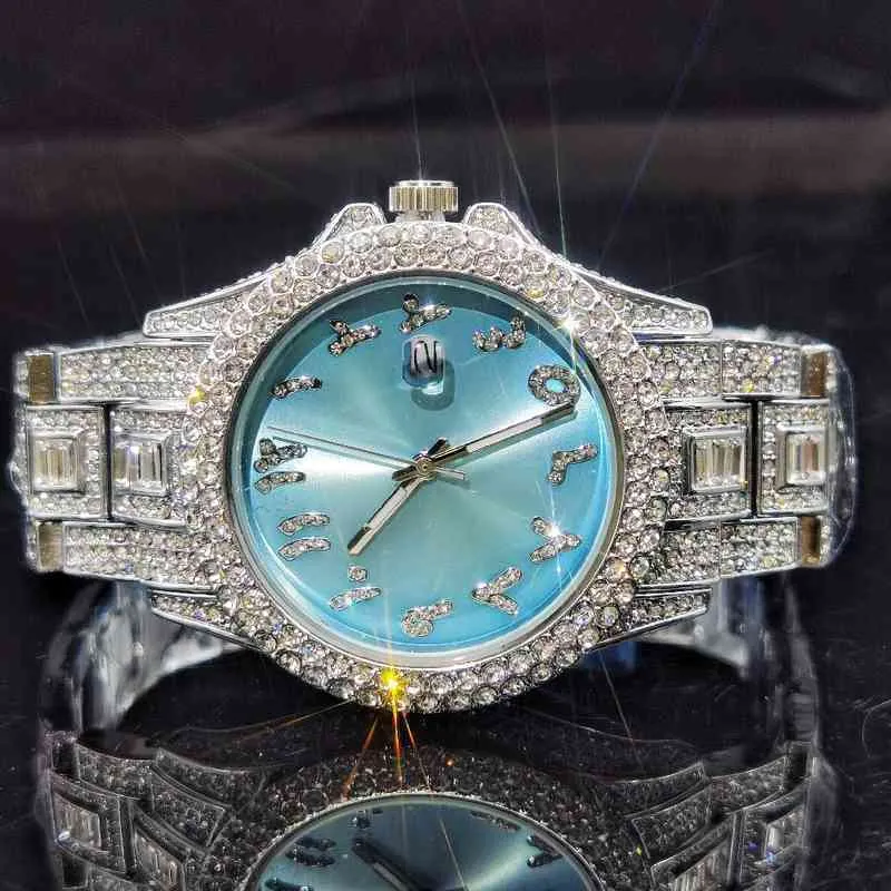 MISSFOX Diamant Luxus Uhr Mann Platina Runde Schönheit Blau Arabisch Männer Armbanduhr Neue Relgio Masculino Quarz Sommer Party
