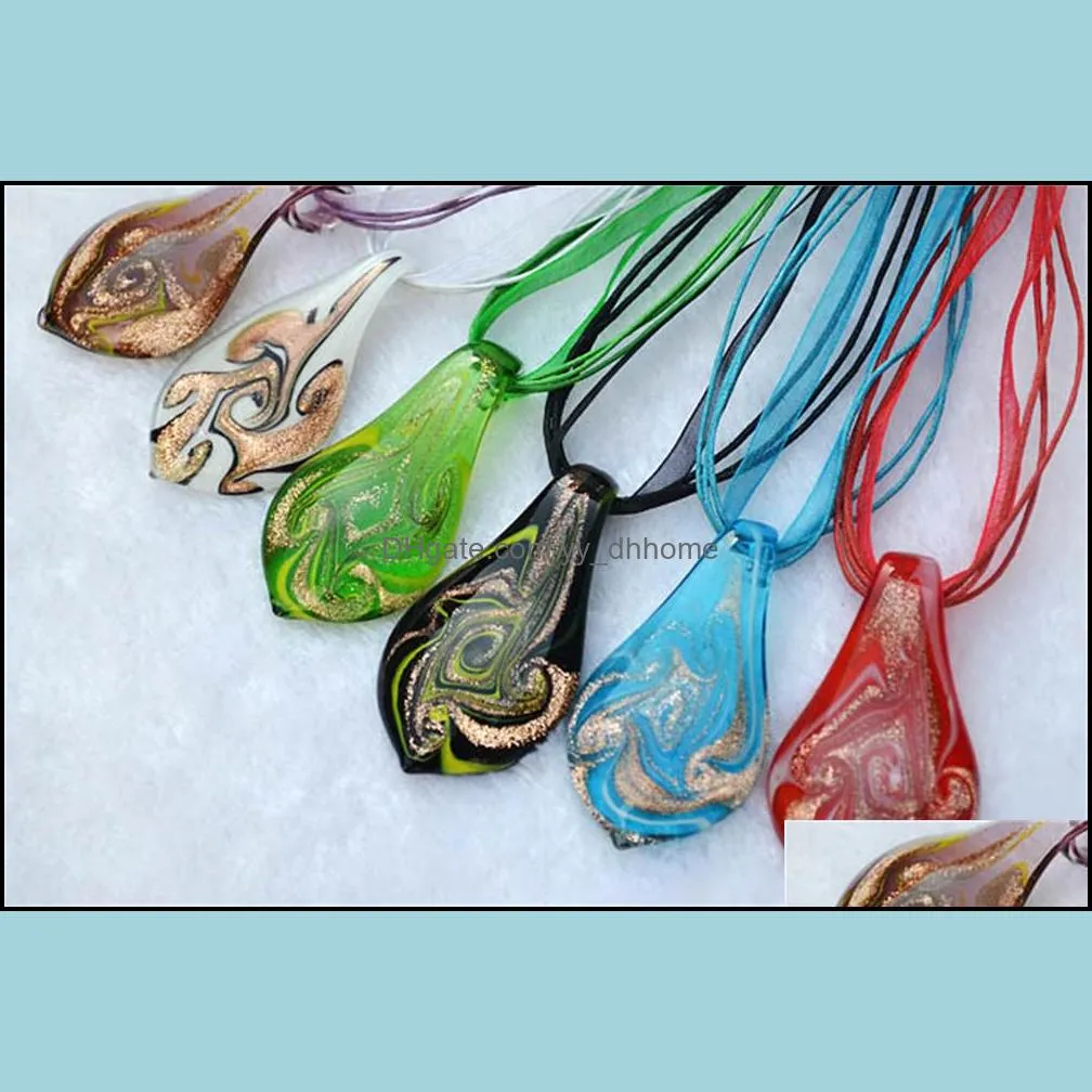 fashion wholesale 6color gold dust necklaces handmade murano lampwork glass mixed color stripe waterdrop pendant necklace jewelry gift