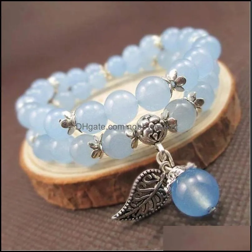 Blue Crystal Bracelets Double Layer Beads Lucky Tibetan Silver Leaf Pendant For Lovers Bracelet Jewelry Beaded, Strands