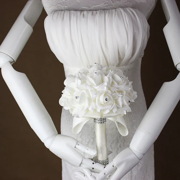 Bouquet da sposa con fiori in schiuma di cristallo con diamante e rose in possesso di fiori con bellissimo nastro da sposa, damigella d'onore, bouquet di nozze in seta artificiale (01