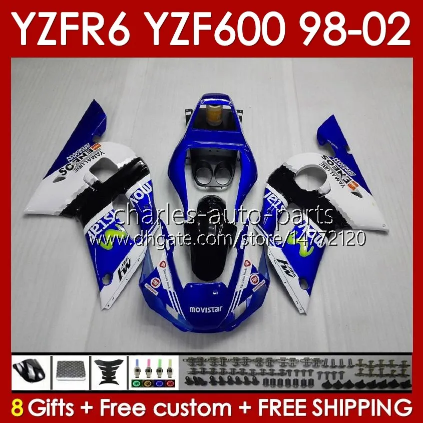 Kroppsram för Yamaha YZF-600 YZF R6 R 6 600cc YZFR6 1998 1999 00 01 02 BOODYWORK 145NO.20 YZF 600 CC COWLING YZF-R6 98-02 YZF600 98 99 2000 2001 2002 FAIRING KIT BUE VIT BLK