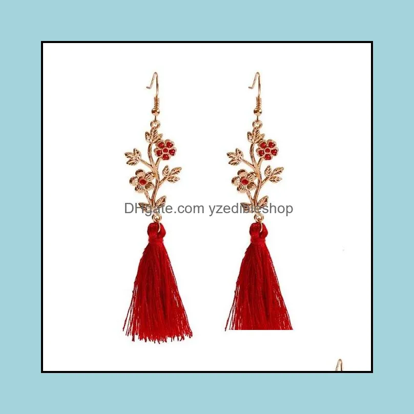 Retro Ethnic Fashion Long Earrings Gold Color Alloy Luxury Zircon Inlaid Flower Pendant Red Cotton Silk Tassel Earrings Jewelry
