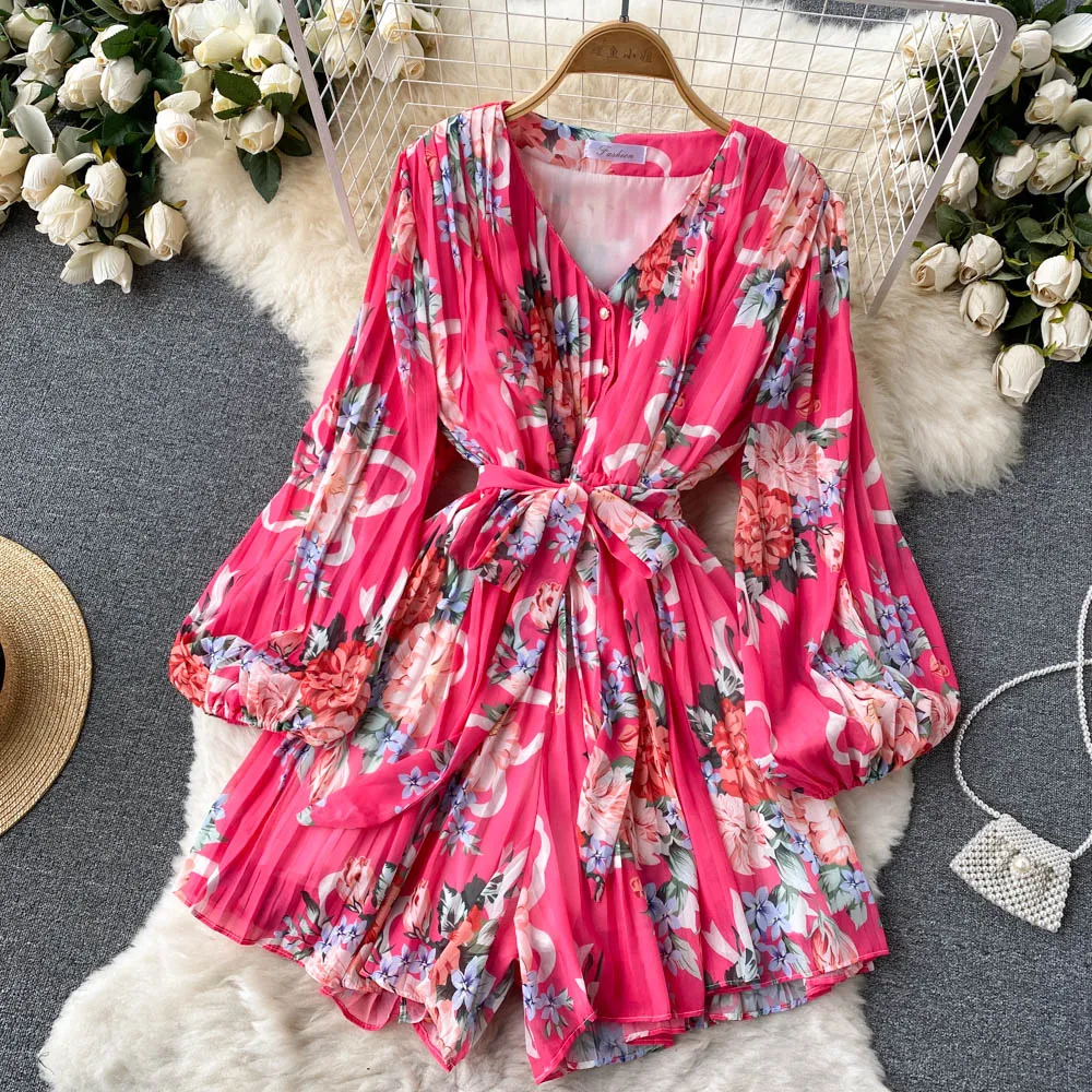 Vrouwen casual jurken sexy bloemen geplooide chiffon romper vrouwelijke lente zomer Boheemse vakantie v-hals gedrapeerd wide been jumpsuits 2022 playsuits