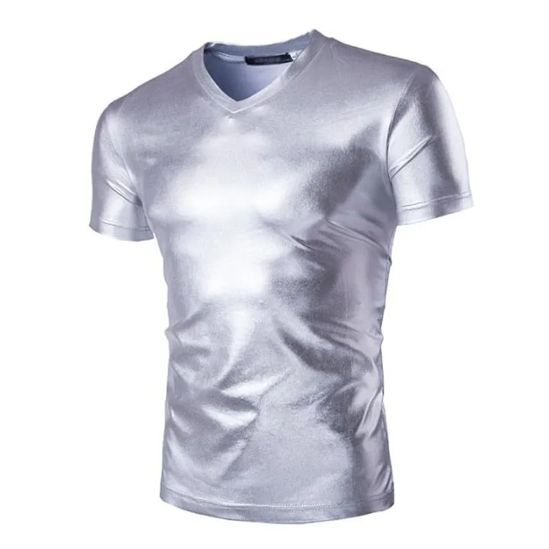 남자 티셔츠 T 셔츠 남자 반짝이는 실버 메탈릭 나이트 클럽 티셔츠 캐주얼 하라주 쿠 스트리트웨어 짧은 슬리브 슬림 티 homme camiseta