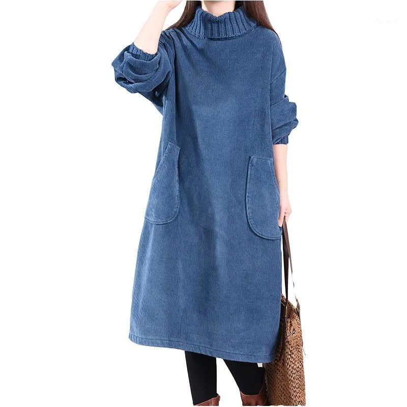 Casual Dresses Plus Size Women's Dress Autumn Winter Retro Corduroy Velvet Turtleneck Ladies Medium Long Loose tröja