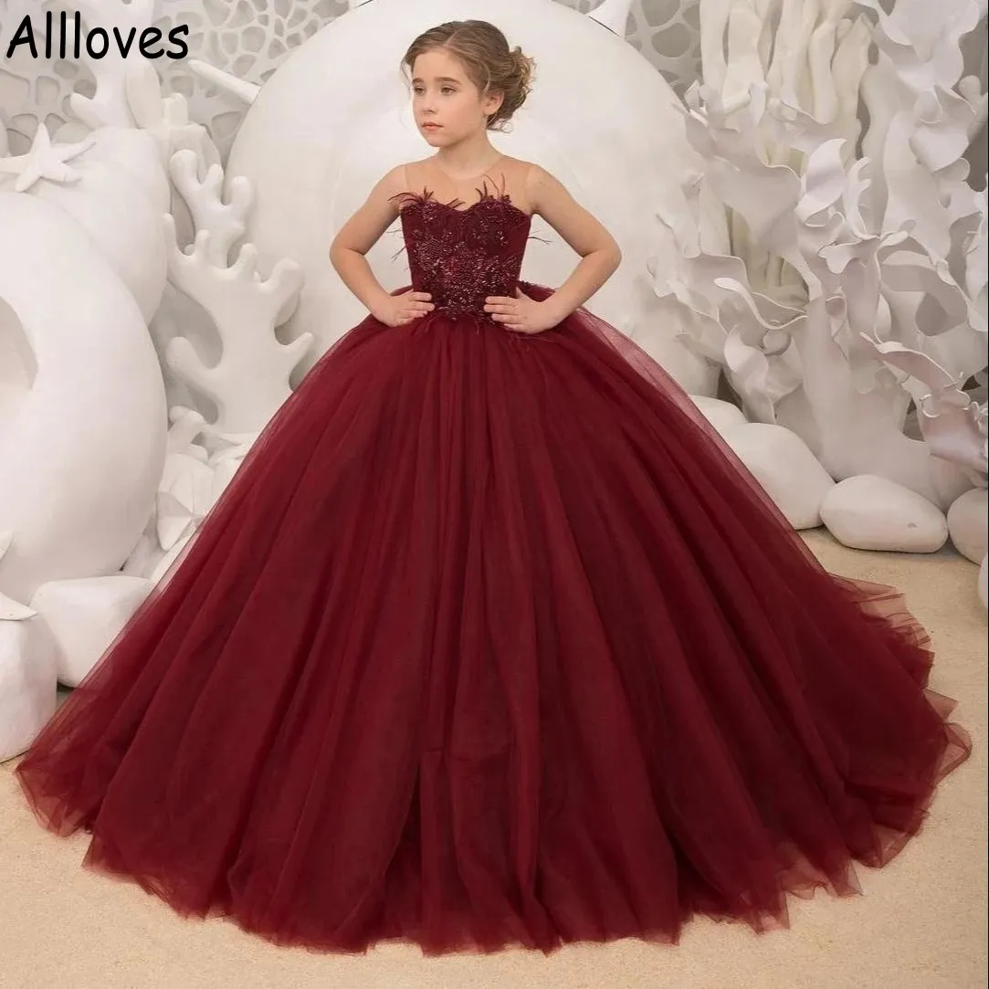 Burgundy Lace Flower Girl Dress 2024 Beaded Princess Pageant Ball Gown