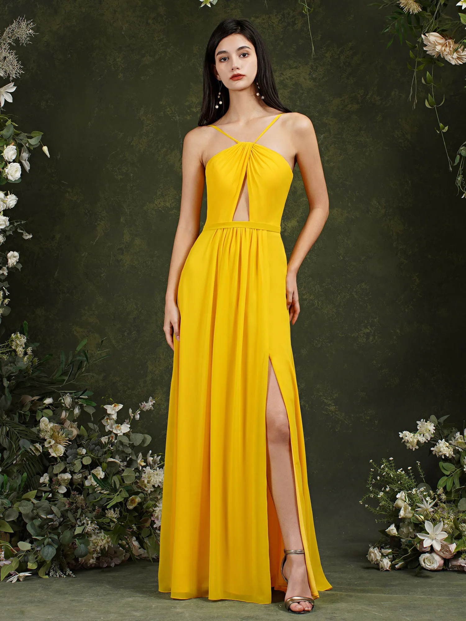 blue dress for baby girl Yellow Bateau A-Line Chiffon Ruffles Split Floor-Length Bridesmaid Dress with Pockets main image 0