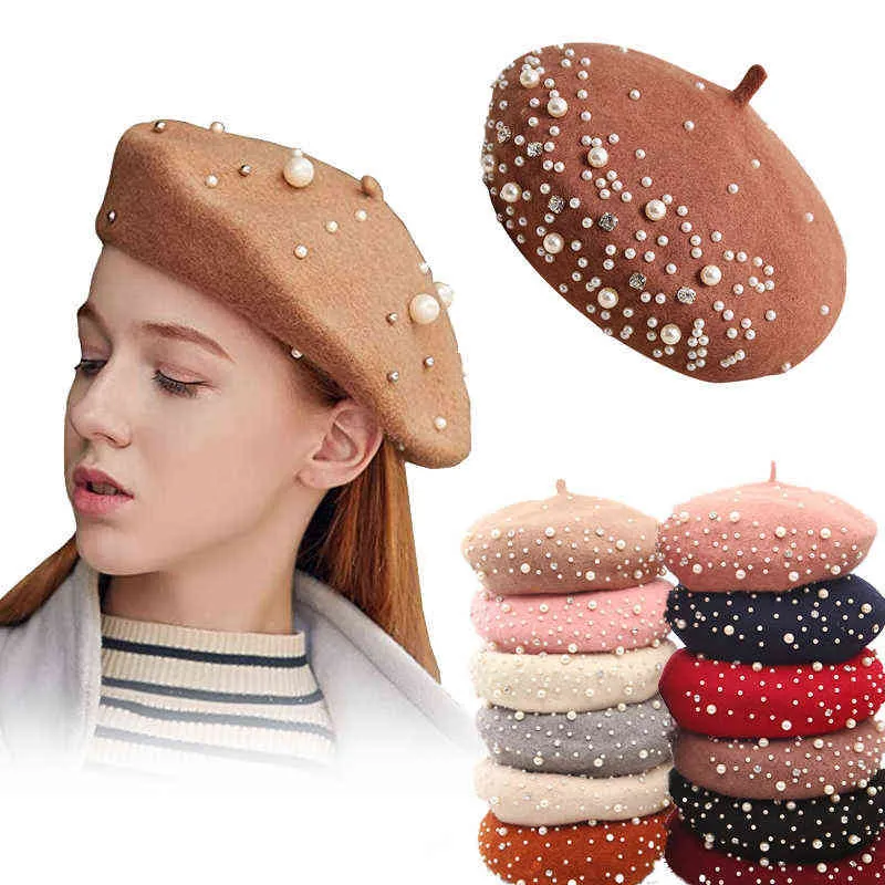 2021 nouvelle mode hiver chaud français perle strass béret chapeau élégant bonnet casquettes couleur unie aléatoire automne chapeau pour femmes fille J220722