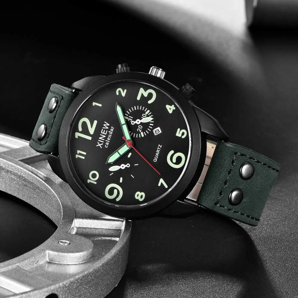 Quartz Watch Arabic Numerals Auto Datum Rostfritt Stål Väska Retro Läderrem för Män Sport Armbandsur Relogio Hombre
