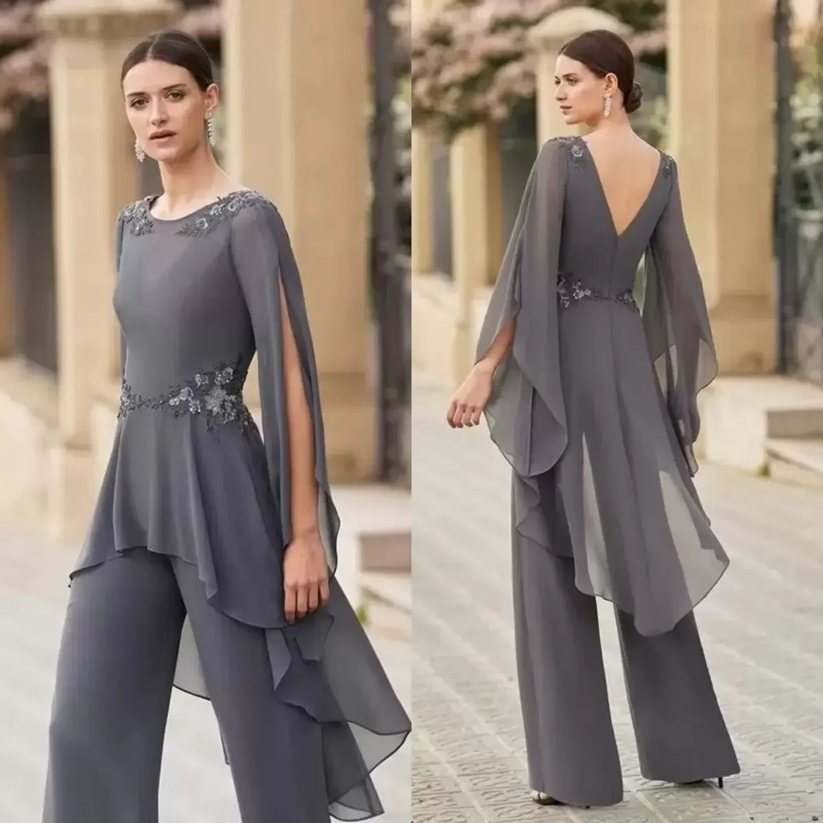 Ny grå jumpsuit mamma till bruden klänningar chiffong outfit för vestidos de boda invitada asymmetrisk hem madrina slitage