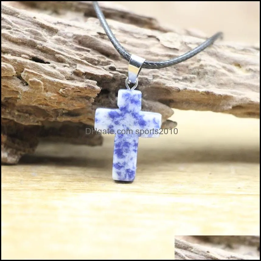 natural crystal cross shape stone pendant healing quartz turquoise sodalite obsidian colorful gemstone necklace women jewelry